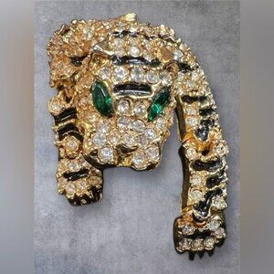 Vintage 1990s Articulated Pave Rhinestone & Enamel Tiger Shoulder Brooch